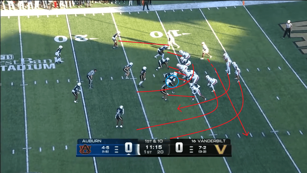 A diagram of a Jet power read concept out of an 11 personnel 2x2 set