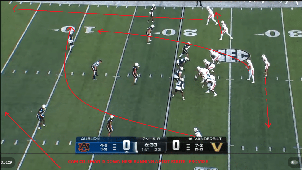 Auburn runs a Y-Cross concept out of a 2x2 11 personnel set, resulting in a QB scramble for a first down
